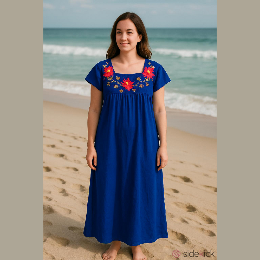Vintage Blue Floral Embroidered Dress Mumu Hawaiian Tropical Flowers Hibiscus - Picture 2 of 8